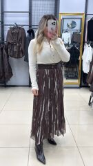 Kendinden Kemerli Batik Desen Etek-KAHVE