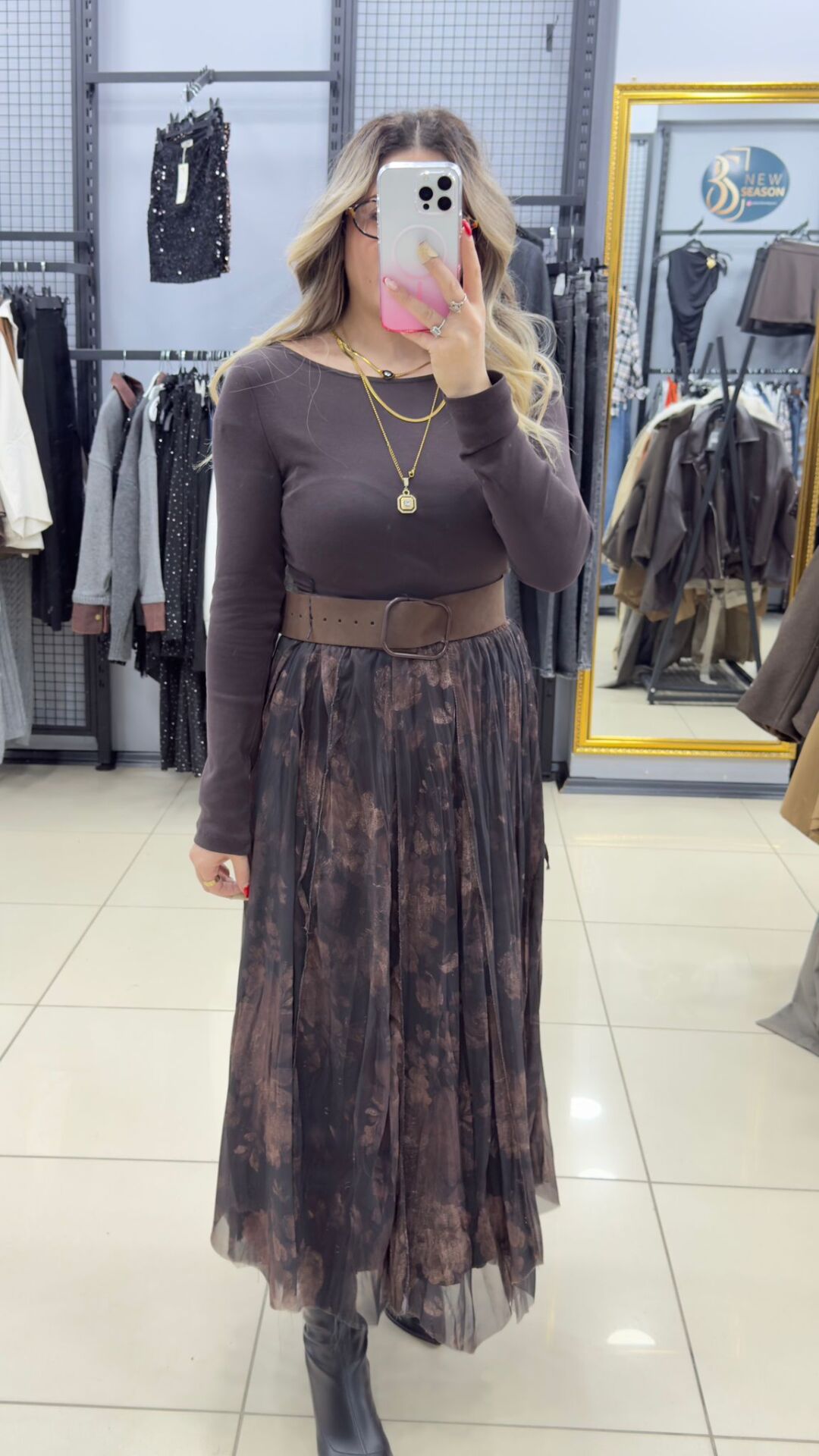 Şifon Astarlı Desenli Etek