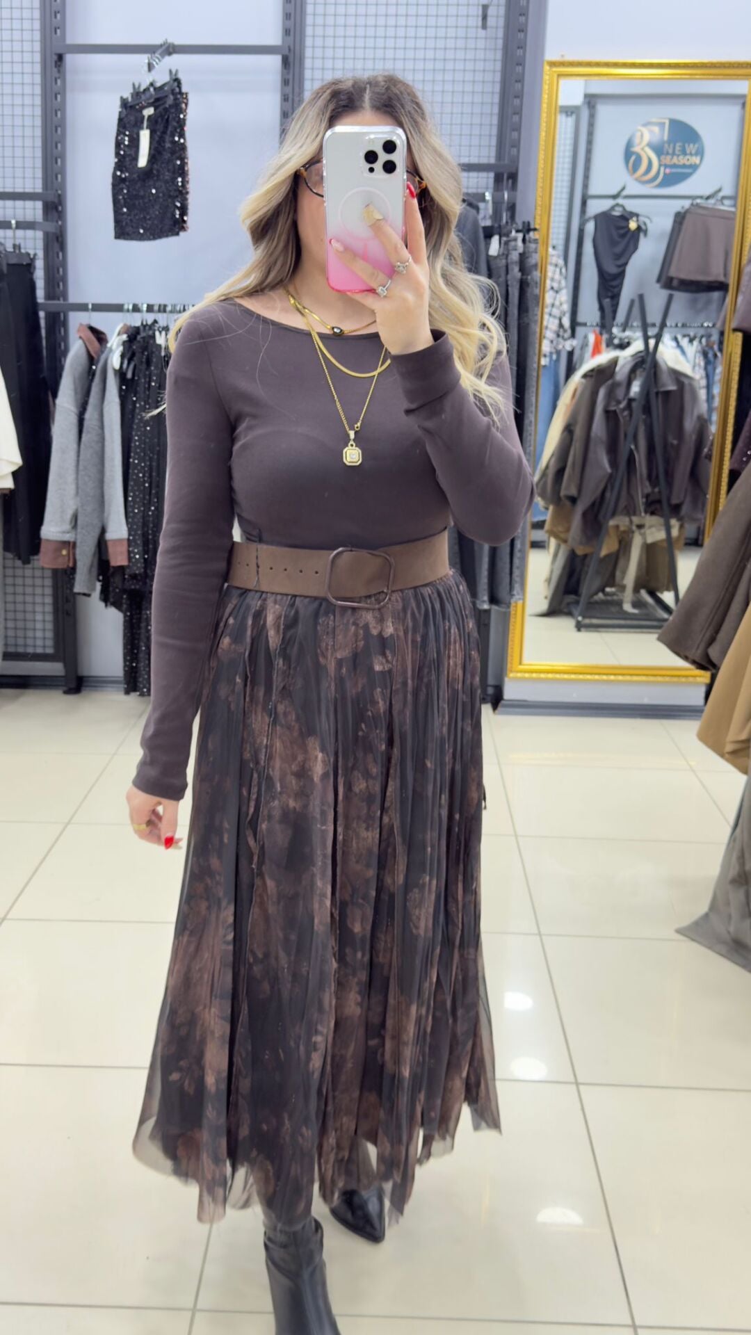 Şifon Astarlı Desenli Etek