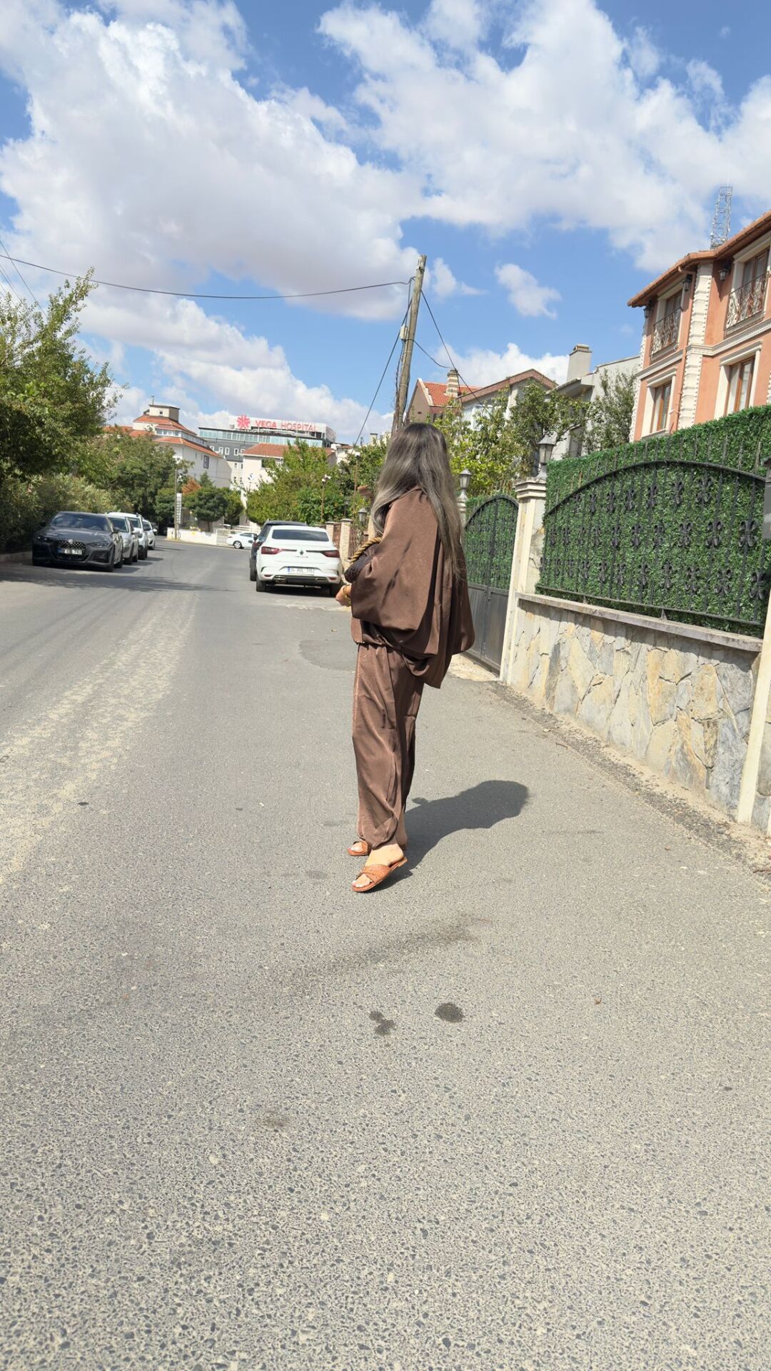 Kahve Bel Bağcıklı Saten Şalvar Pantolon