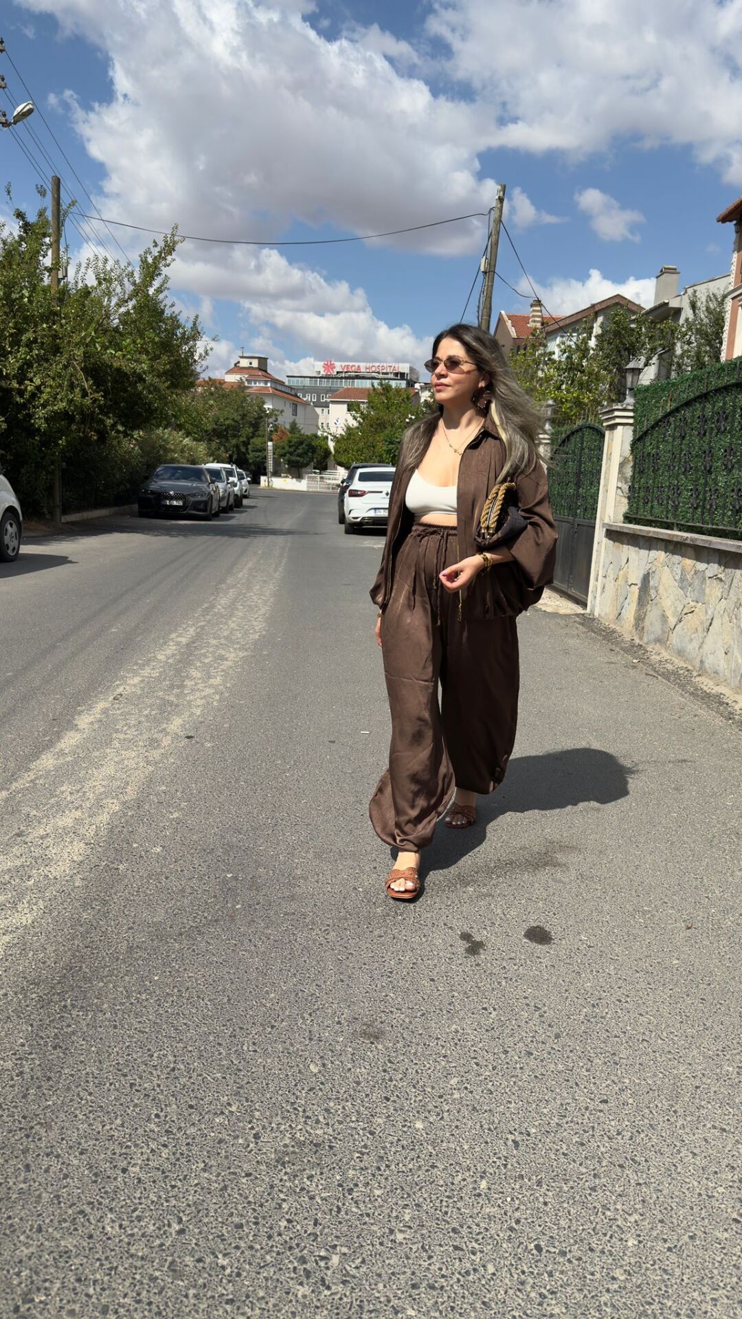 Kahve Bel Bağcıklı Saten Şalvar Pantolon