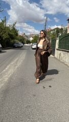Kahve Bel Bağcıklı Saten Şalvar Pantolon