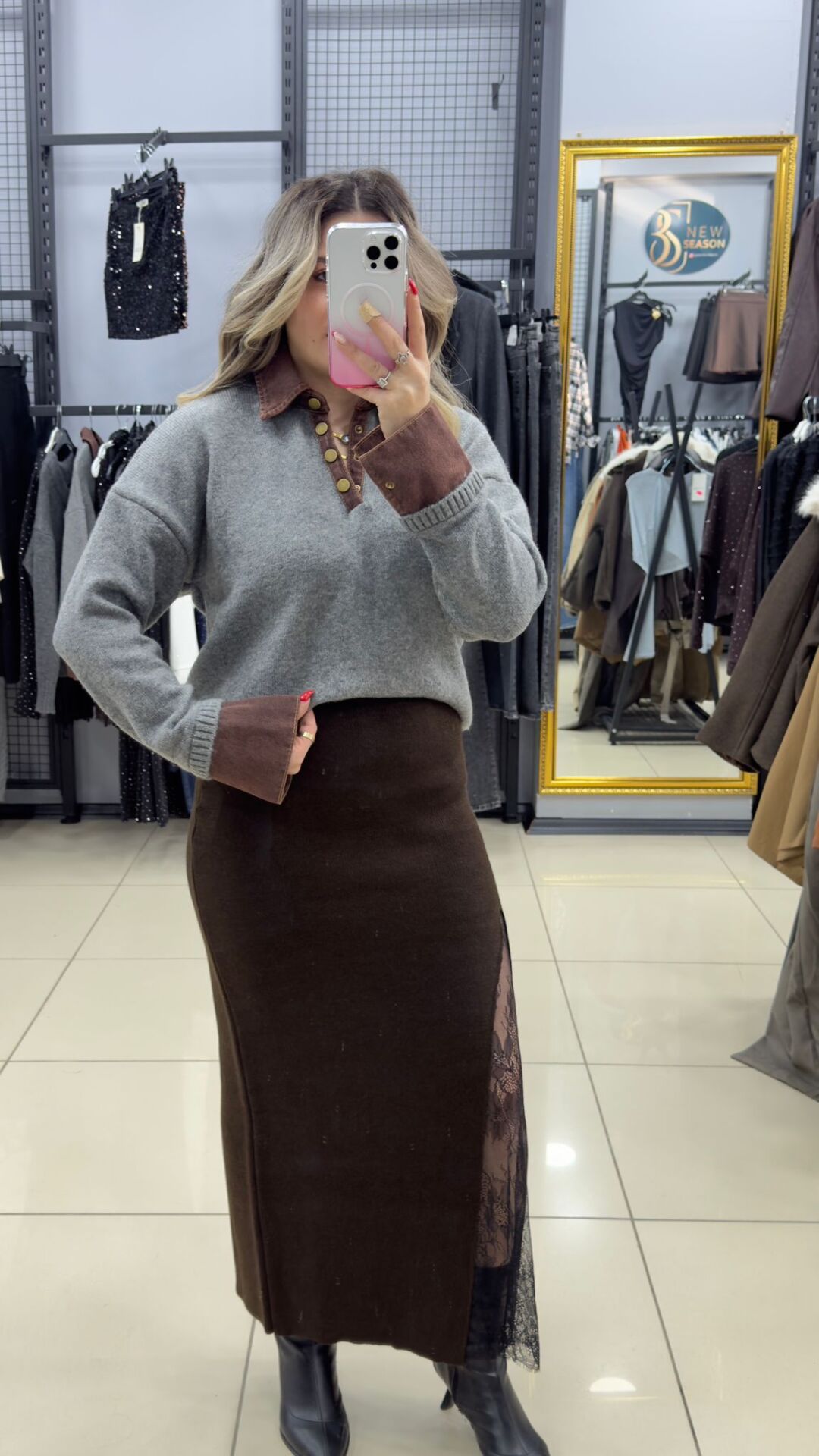 Dantel Yırtmaçlı Triko Etek -KAHVE