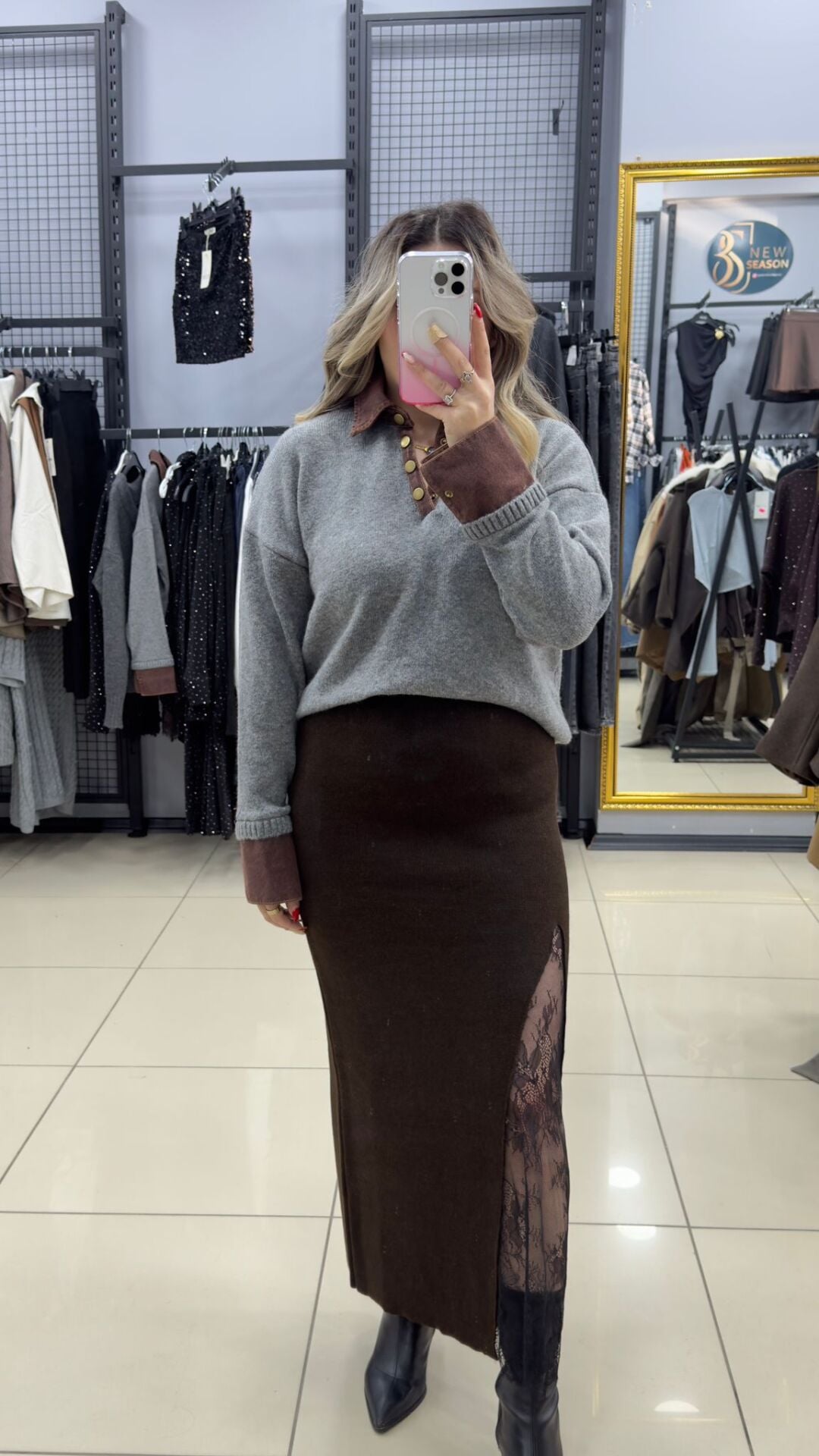 Dantel Yırtmaçlı Triko Etek -KAHVE