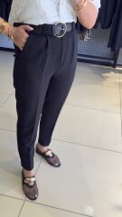 Arka Beli Lastikli Kemerli Premium Kumaş PantoloN-SİYAH