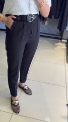 Arka Beli Lastikli Kemerli Premium Kumaş PantoloN-SİYAH