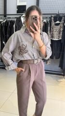 Çizgili Poplin Pamuklu Nakışlı Gömlek