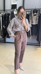 Çizgili Poplin Pamuklu Nakışlı Gömlek