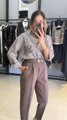 Çizgili Poplin Pamuklu Nakışlı Gömlek