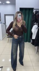 Dantel Detaylı Transparan Bluz-Kahve