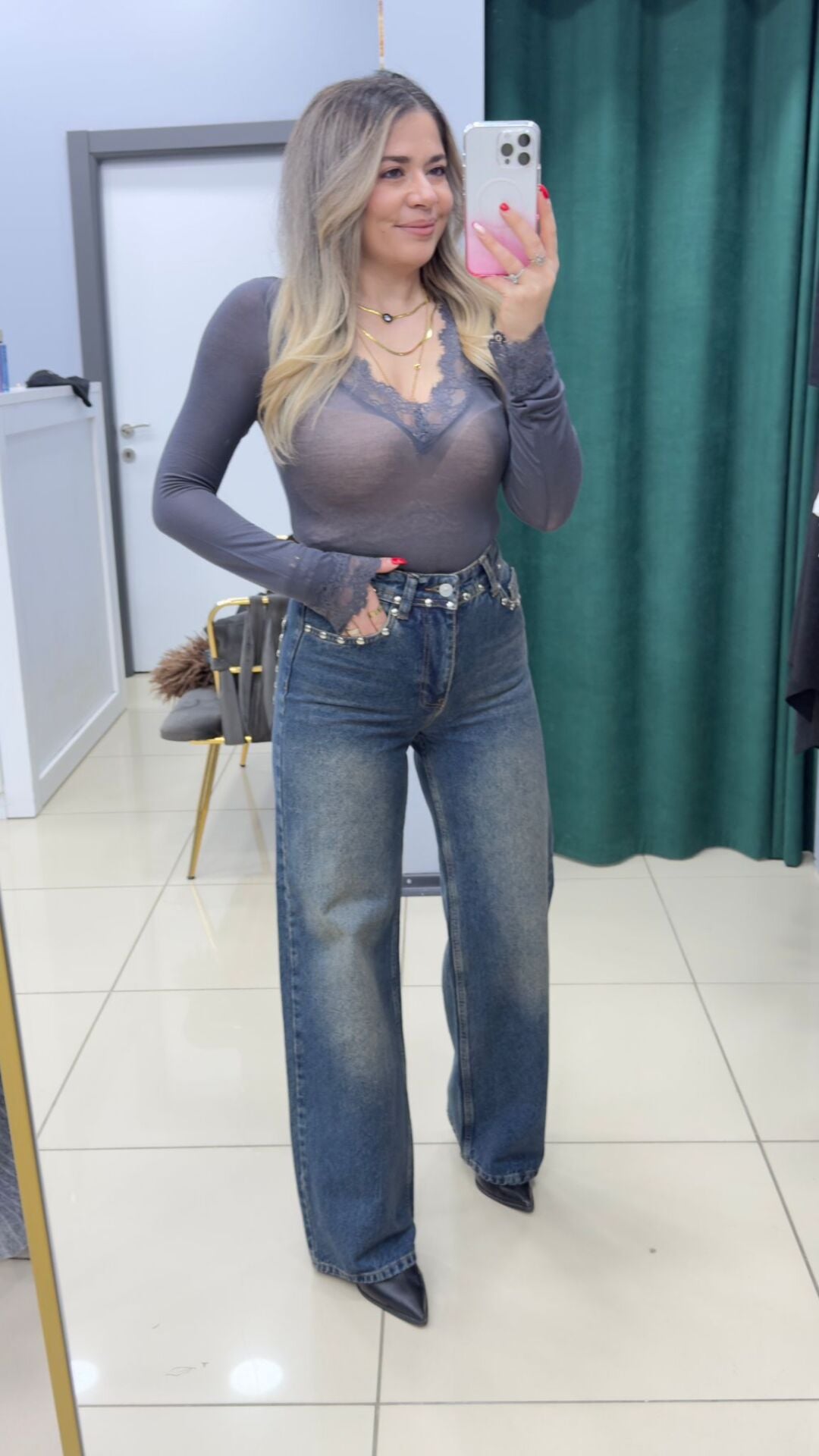 Dantel Detaylı Transparan Bluz-GRİ