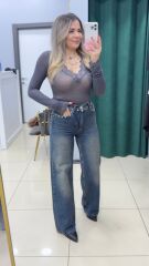 Dantel Detaylı Transparan Bluz-GRİ