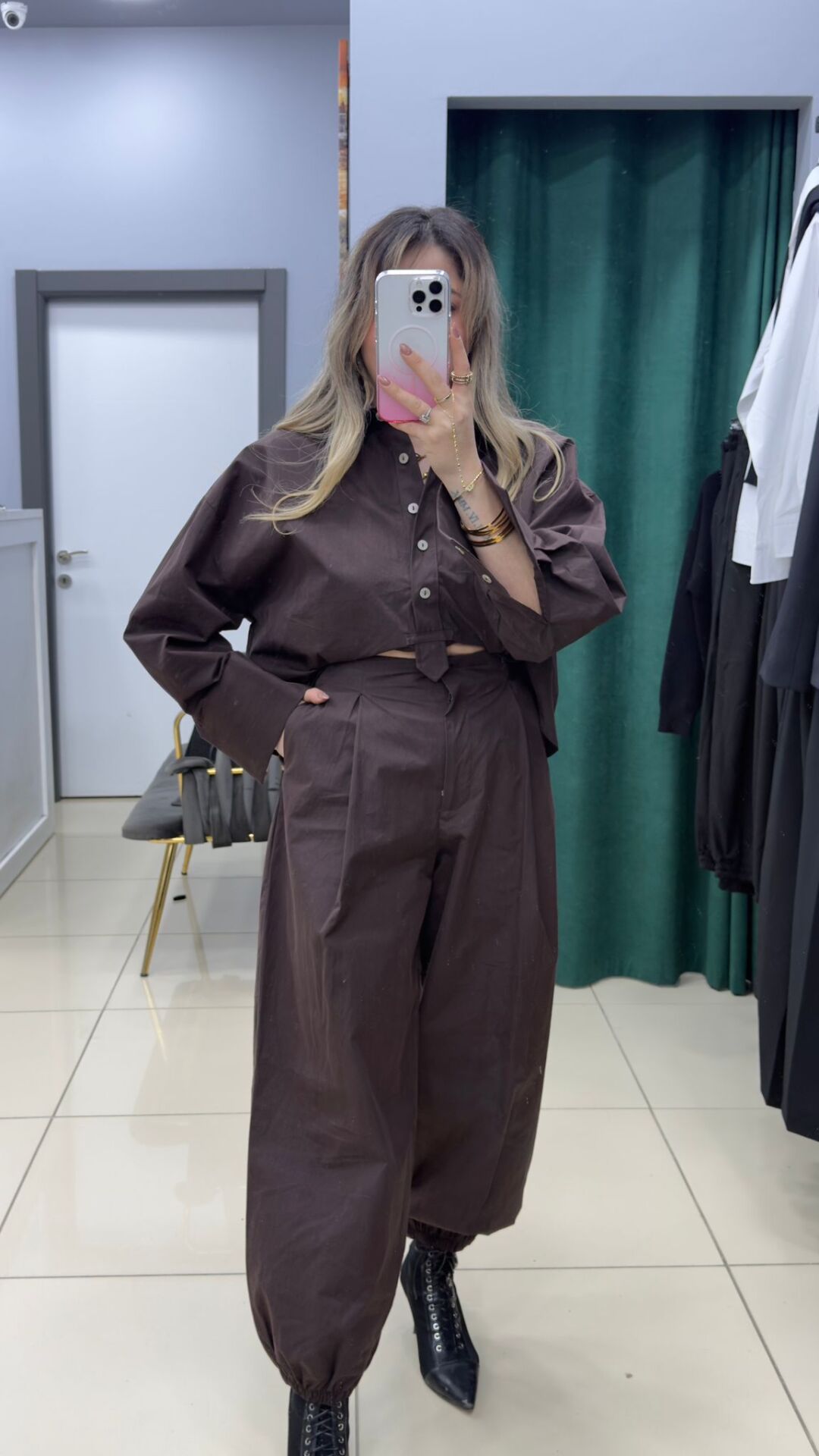 Kahve Poplin Kumaş Tasarım Takım