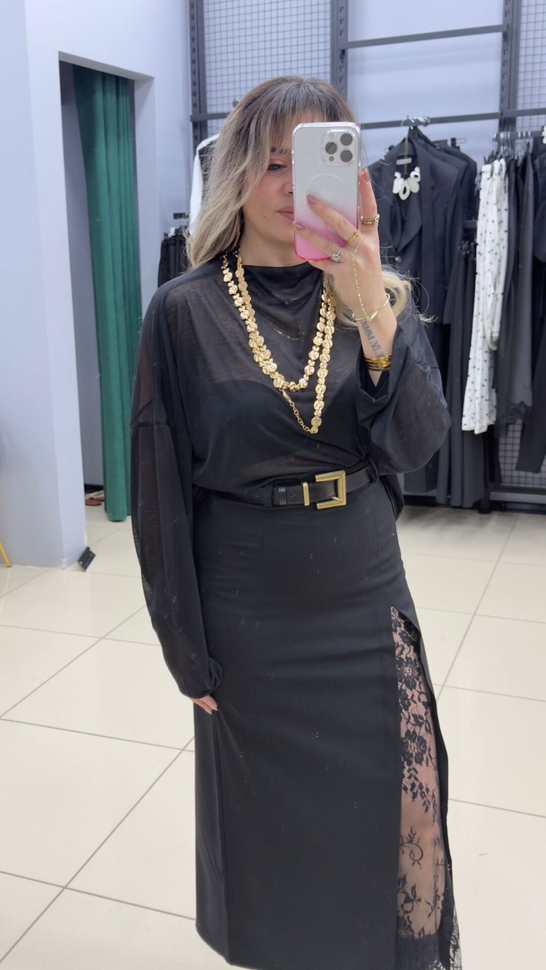 Transparan Dökümlü Bluz-SİYAH