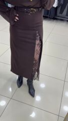 Dantelli Kumaş Etek-KAHVE