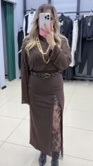 Dantelli Kumaş Etek-KAHVE