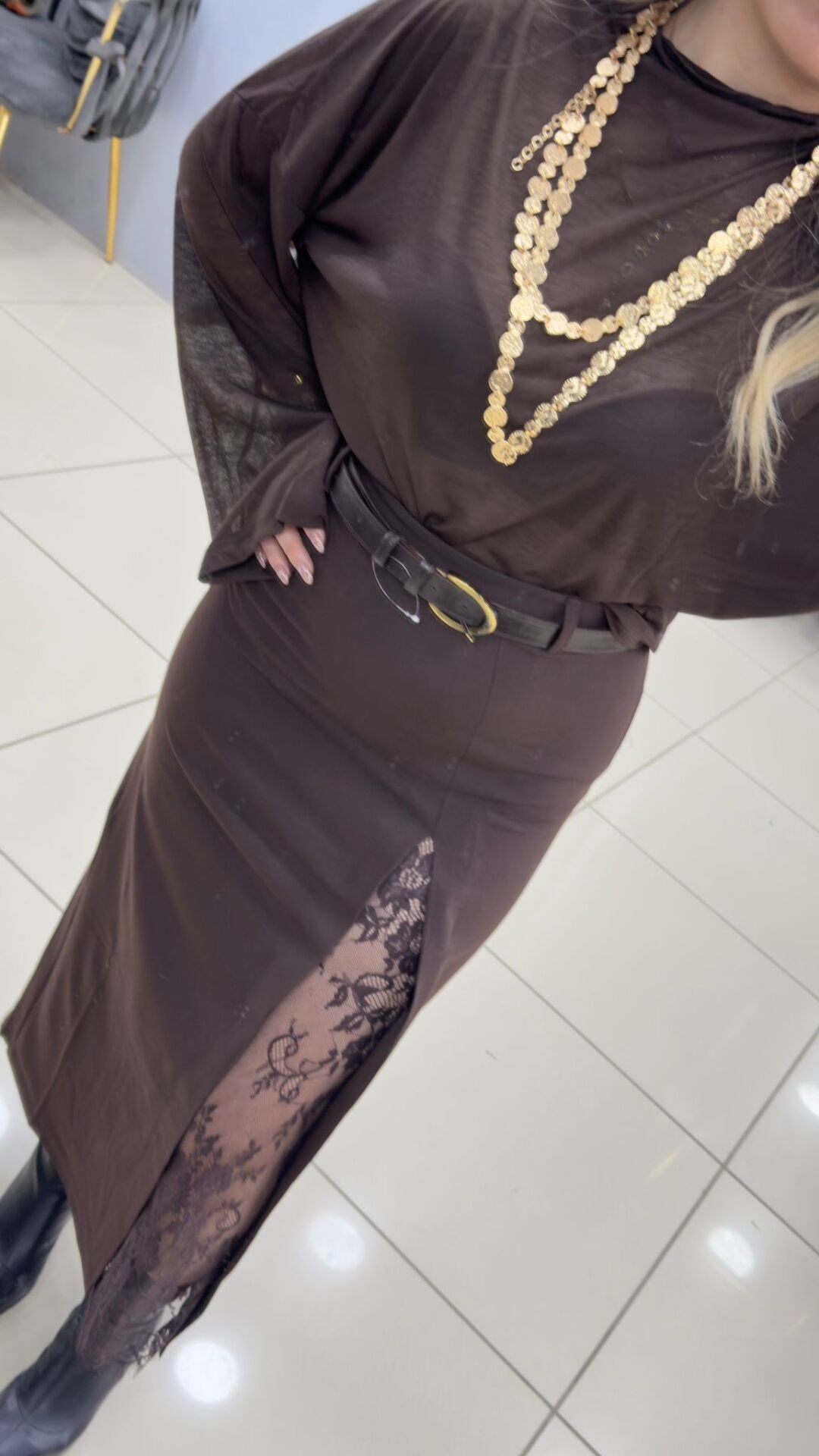 Dantelli Kumaş Etek-KAHVE