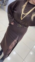 Dantelli Kumaş Etek-KAHVE