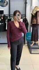 V Yaka Detaylı Bluz -BORDO