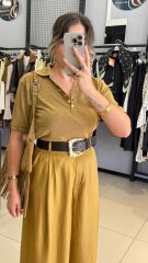 Simli Gold Düğmeli Polo Yaka Bluz