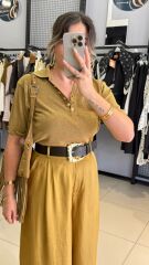 Simli Gold Düğmeli Polo Yaka Bluz