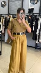 Simli Gold Düğmeli Polo Yaka Bluz