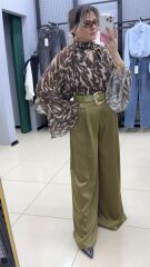 Yeşil Kendinden Kemerli Saten Palazzo Pantolon