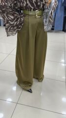 Yeşil Kendinden Kemerli Saten Palazzo Pantolon