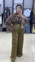 Yeşil Kendinden Kemerli Saten Palazzo Pantolon