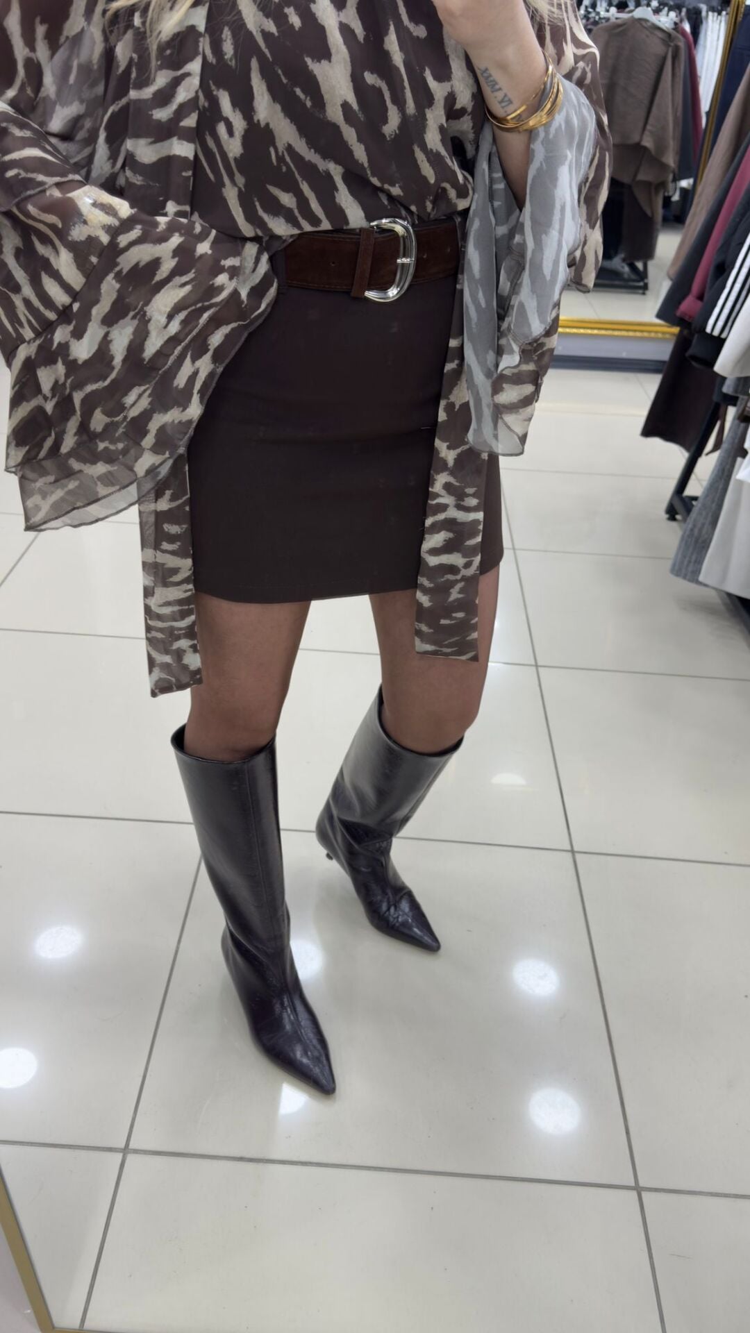 Kadife Kendinden Kemerli Etek-KAHVE