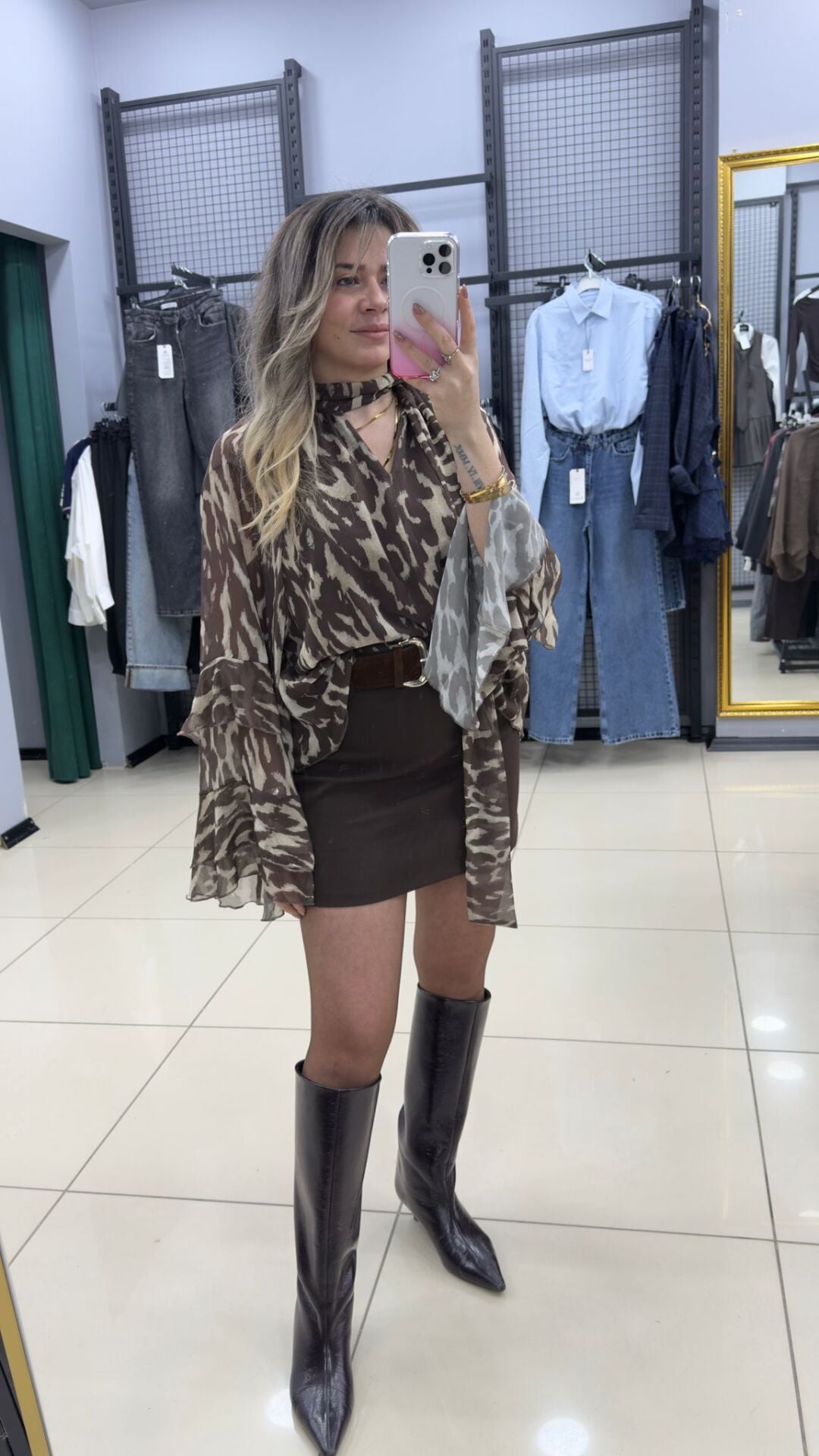 Kadife Kendinden Kemerli Etek-KAHVE