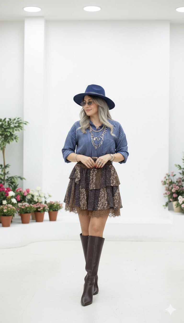 Şifon Kemer Detaylı Dantelli Etek