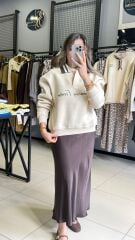 Polo Yaka Çizgili Baskı Detaylı Sweatshırt