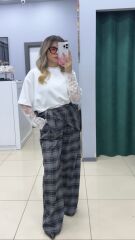 Yüksek Bel Kuşak Detaylı Ekose Palazzo Pantolon