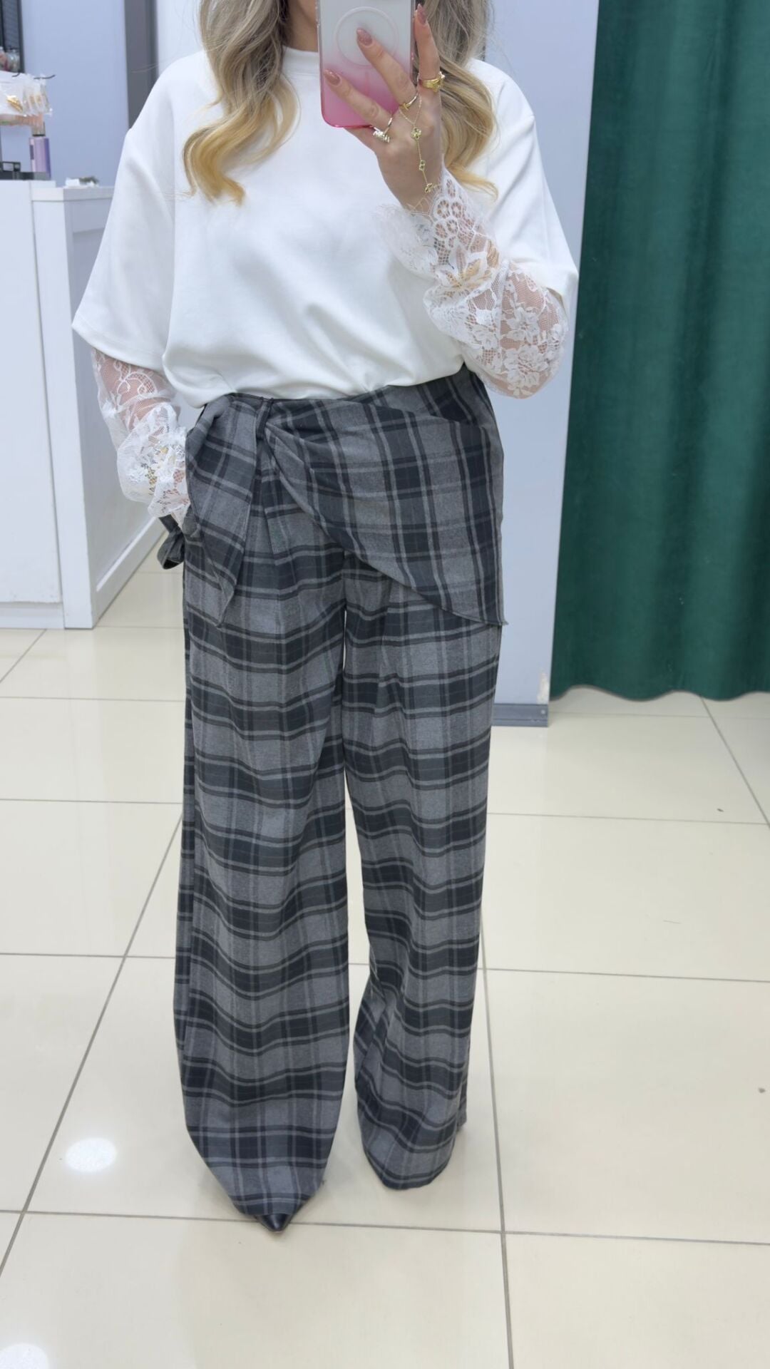 Yüksek Bel Kuşak Detaylı Ekose Palazzo Pantolon