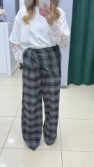 Yüksek Bel Kuşak Detaylı Ekose Palazzo Pantolon