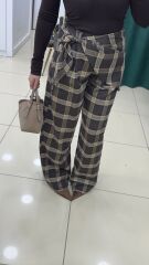 Yüksek Bel Kuşak Detaylı Ekose Palazzo Pantolon-KAHVE