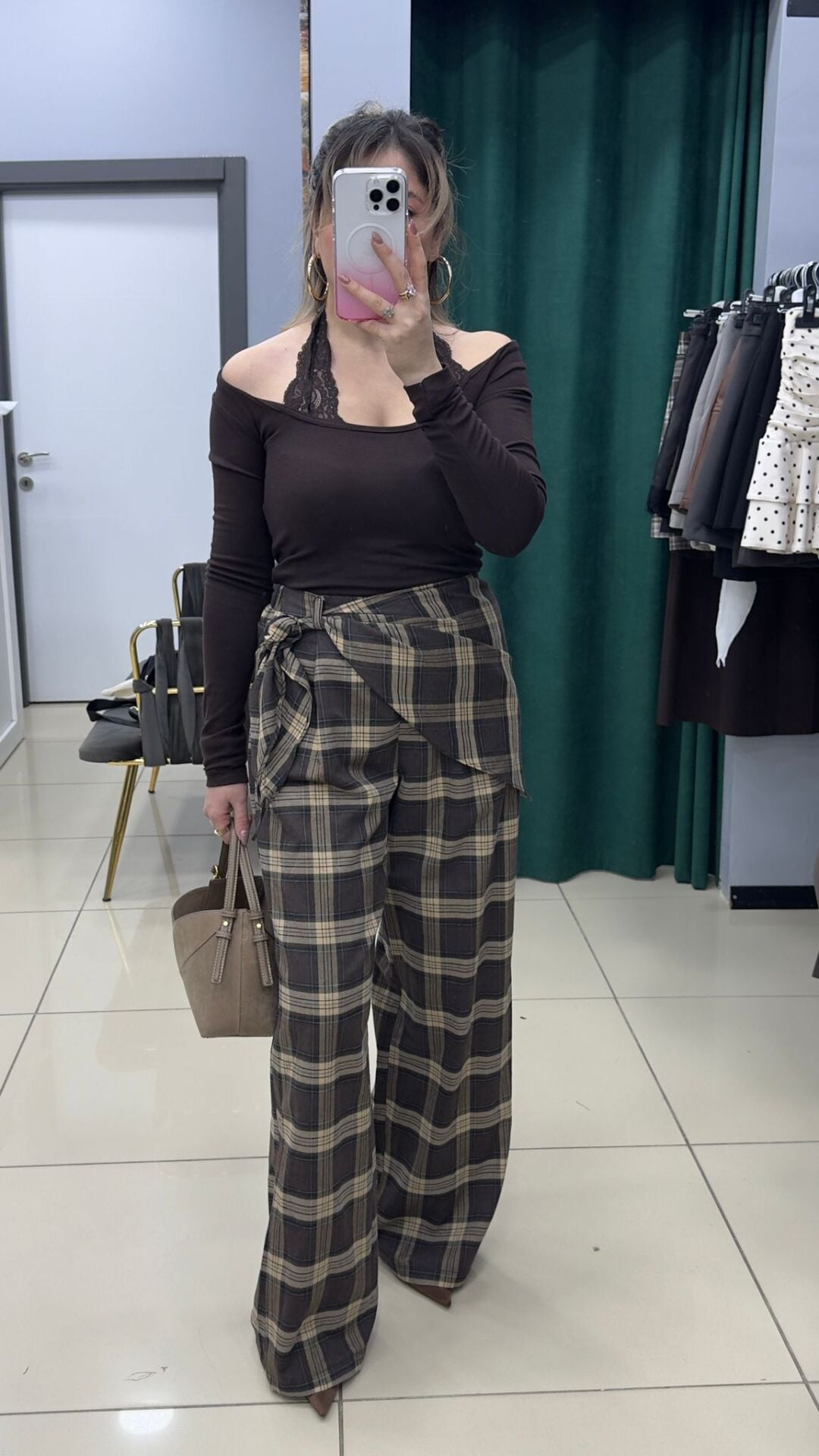 Yüksek Bel Kuşak Detaylı Ekose Palazzo Pantolon-KAHVE