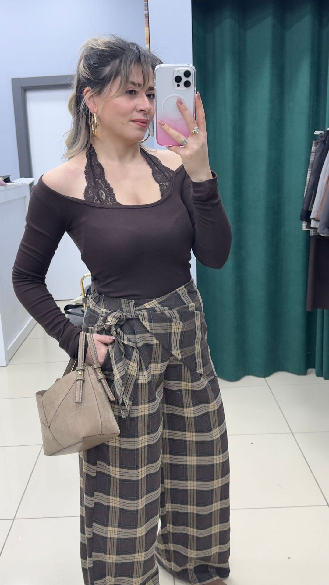 Yüksek Bel Kuşak Detaylı Ekose Palazzo Pantolon-KAHVE