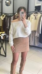 Omzu Düşük Triko Bluz-BEYAZ