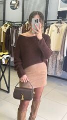 Omzu Düşük Triko Bluz -KAHVE