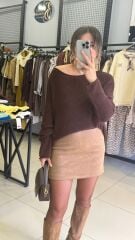 Omzu Düşük Triko Bluz -KAHVE