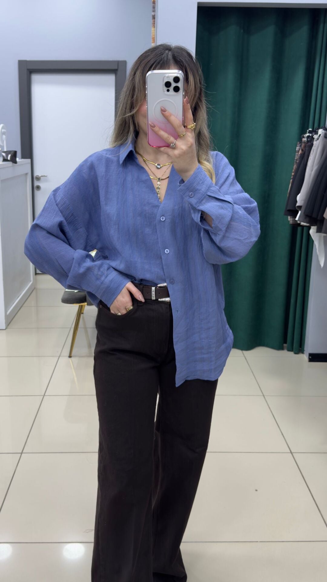 Şerit detaylı Gömlek-MAVİ