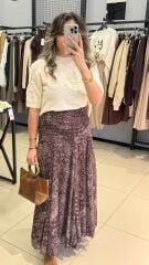 Kahverengi Şal Desenli Etek