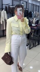 Flare Kol Kruvaza Cep Detaylı Vatkalı Modern Gömlek-PASTEL SARI