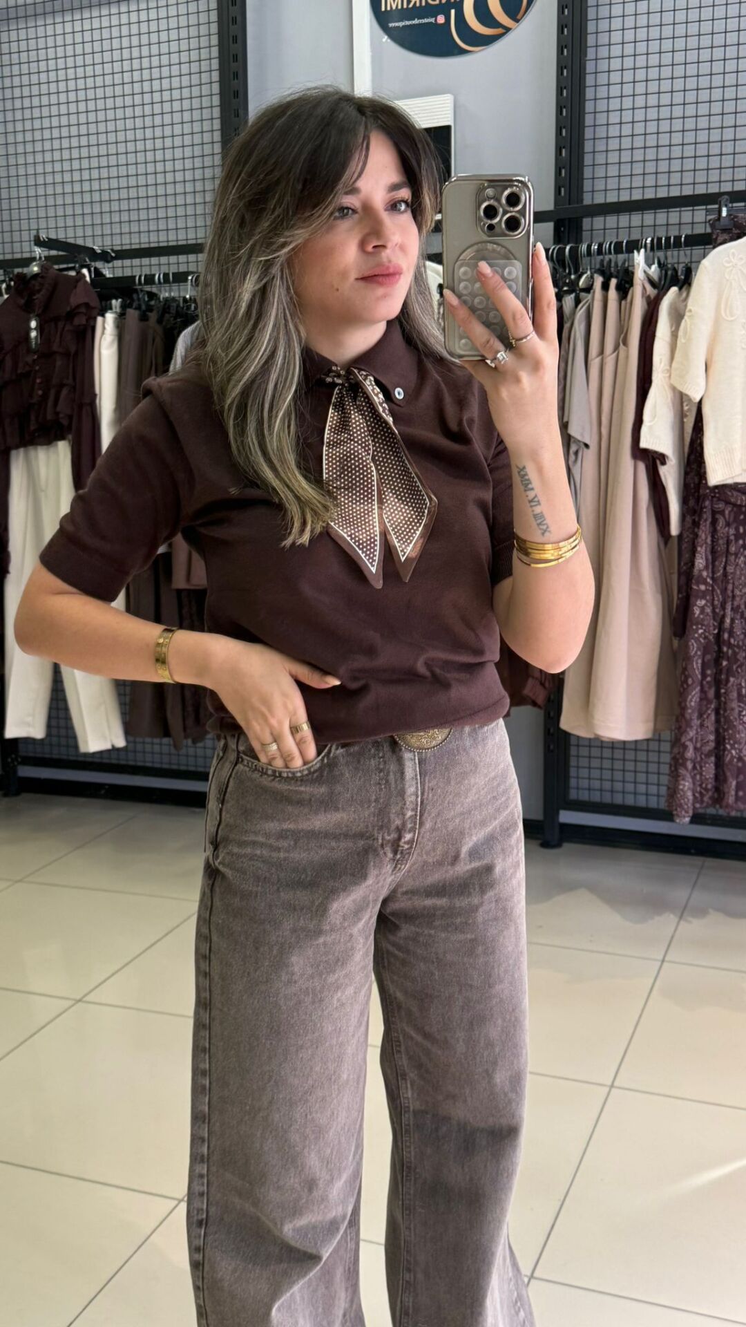 Fular Detaylı Elit Triko-KAHVE