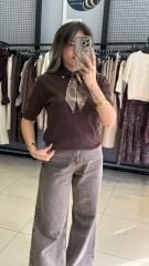 Fular Detaylı Elit Triko-KAHVE