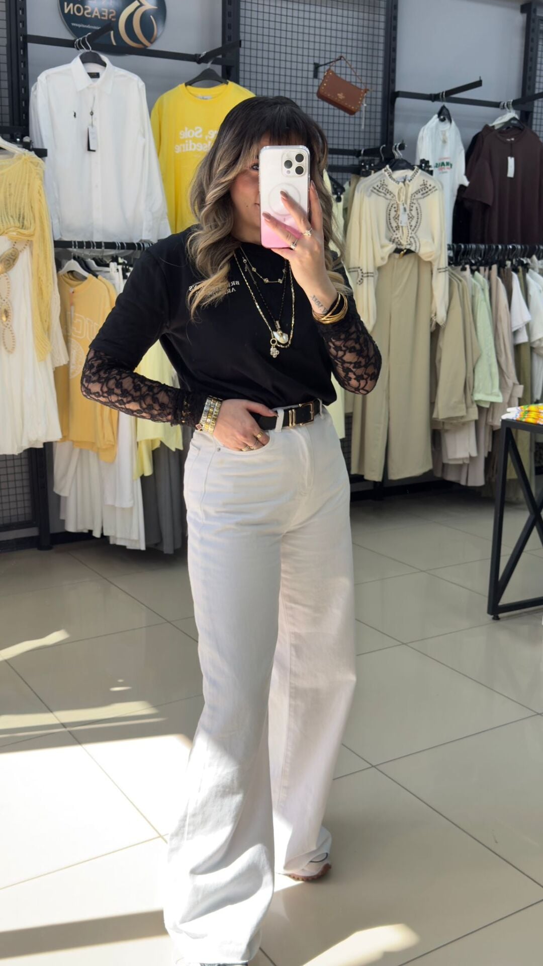 Beyaz  Kendinden Kemerli Palazzo Pantolon