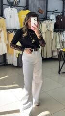 Beyaz  Kendinden Kemerli Palazzo Pantolon