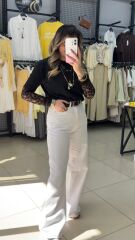 Beyaz  Kendinden Kemerli Palazzo Pantolon